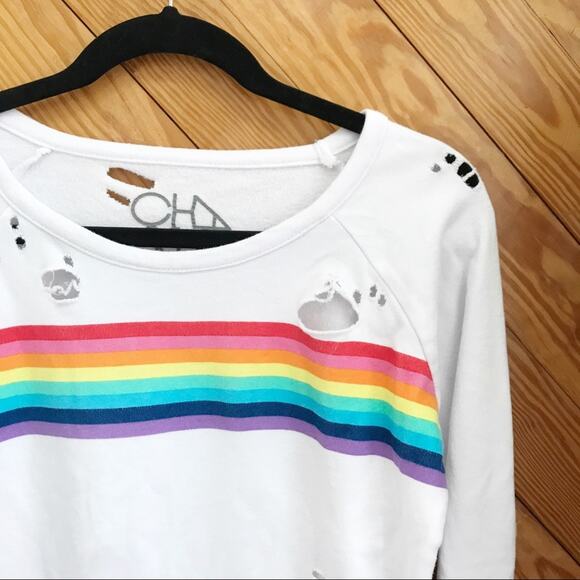 Chaser Distressed Rainbow Stripe Crew Sweatshirt - Picture 3 of 5